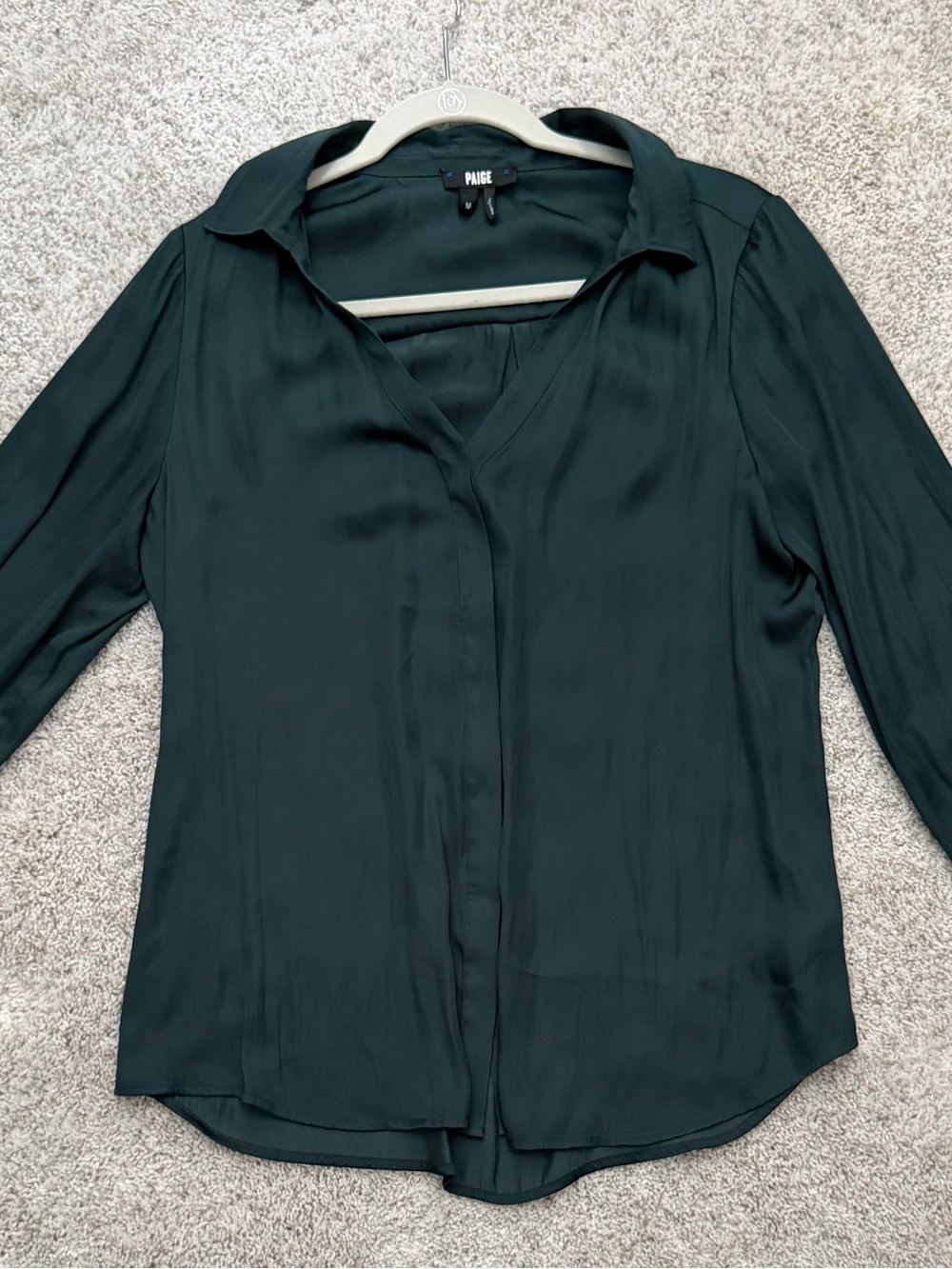 PAIGE Dark Spruce Satin Long Sleeve Blouse Top Size M